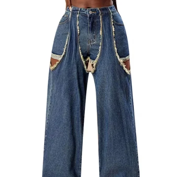 Sexy Hole Fringe Patchwork Jeans Casual Hollow OutLoose Empire Waist Wide Leg D